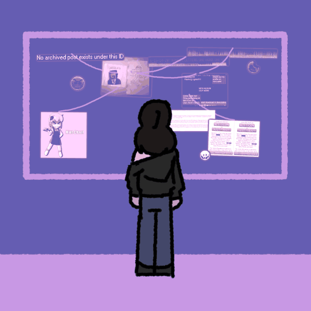 An animated GIF of Chillin grabbing a corkboard of Mint Cafe mysteries and shattering it against a wall.
