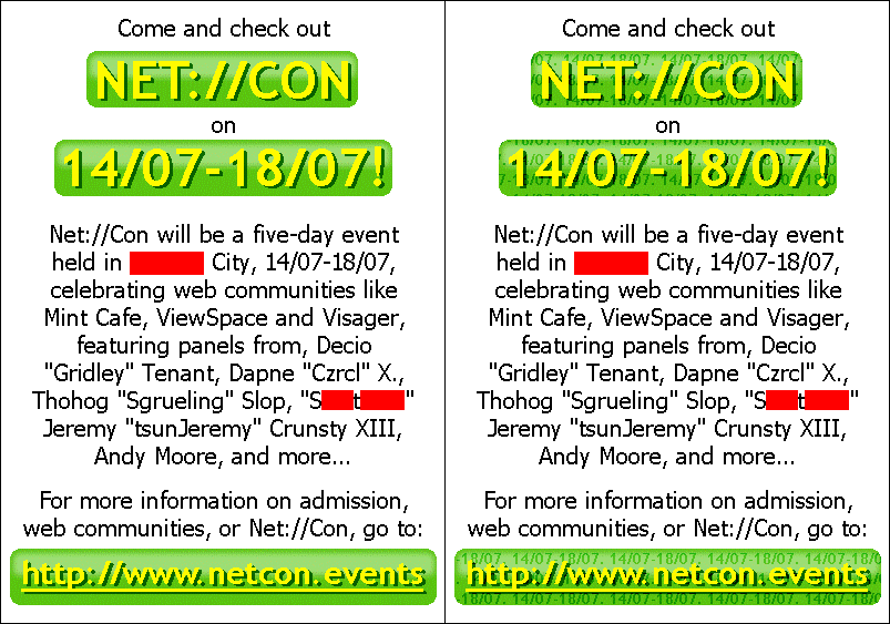 A side-by-side comparison of two almost identical images. The only difference is that "14/07-18/07" is scrawled across every green background in the second version of the image.