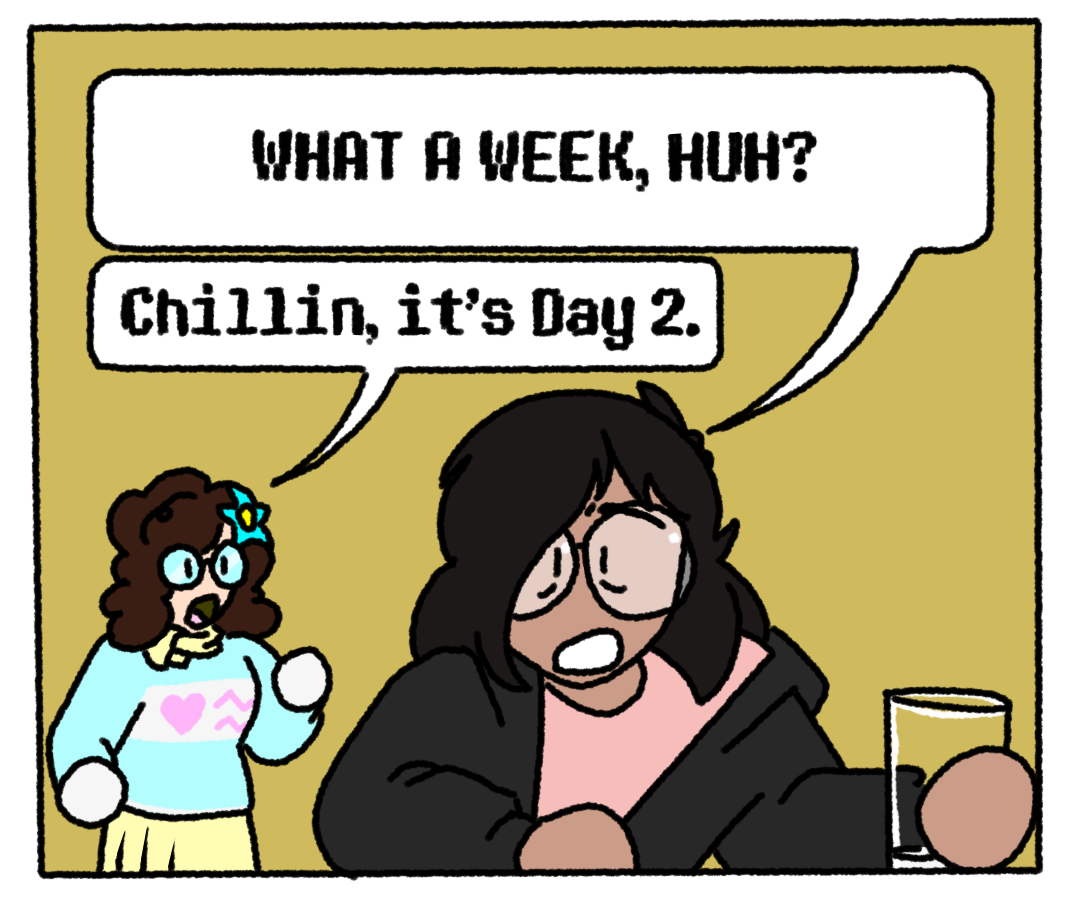 A redraw of the Tintin "What a Week" comic with Camille and Molly.