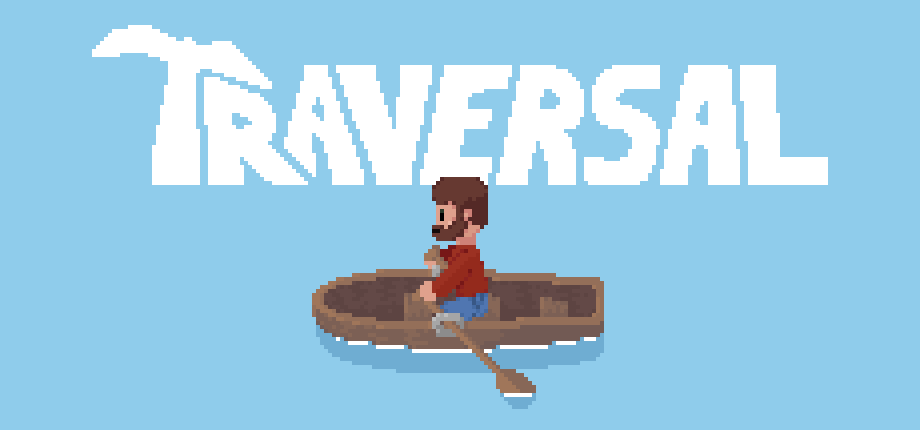 Player from Traversal rowing a boat. The game logo is displayed above him.